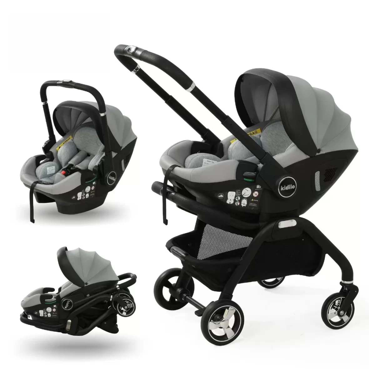 Kidilo 3-in-1 Baby Stroller with Safety Seat & Sleeping Basket, Foldable Pram for 0–2 Years